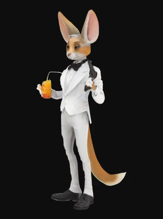 3D model for An anthropomorphic character with large ears, dressed in a white tuxedo jacket and bow tie, holds a drink and a small firearm, featuring a smooth, soft texture and rounded facial features.
