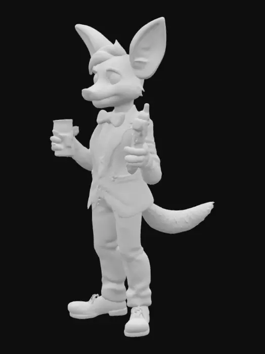 3D model for An anthropomorphic character with large ears, dressed in a white tuxedo jacket and bow tie, holds a drink and a small firearm, featuring a smooth, soft texture and rounded facial features.