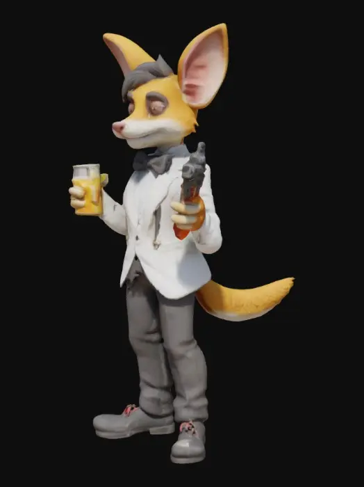 3D model for An anthropomorphic character with large ears, dressed in a white tuxedo jacket and bow tie, holds a drink and a small firearm, featuring a smooth, soft texture and rounded facial features.
