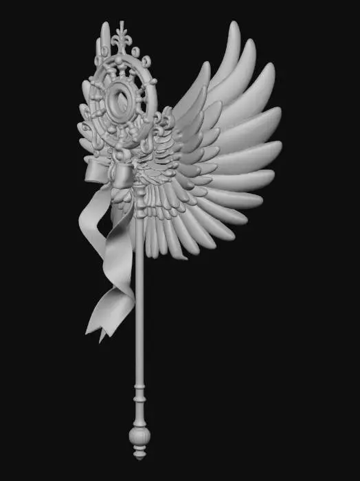 3D model for An ornate, angelic staff made of lustrous golden metal, showcasing a prominent wheel-like emblem with a radiant, multifaceted pink gemstone at its core. Elegant, translucent pink wings unfurl from either side of the emblem, giving it a celestial appearance. The slender golden shaft is wrapped with a delicate, pale pink ribbon, ending in golden decorative elements, culminating in a geometric pink gem at the base.