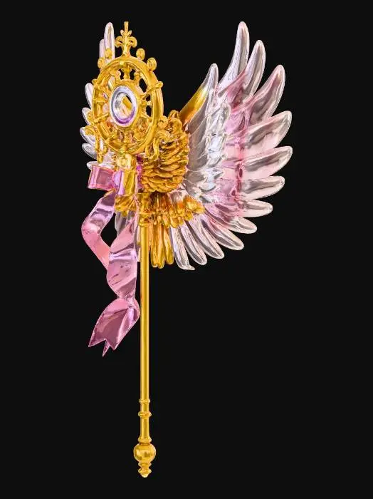 3D model for An ornate, angelic staff made of lustrous golden metal, showcasing a prominent wheel-like emblem with a radiant, multifaceted pink gemstone at its core. Elegant, translucent pink wings unfurl from either side of the emblem, giving it a celestial appearance. The slender golden shaft is wrapped with a delicate, pale pink ribbon, ending in golden decorative elements, culminating in a geometric pink gem at the base.