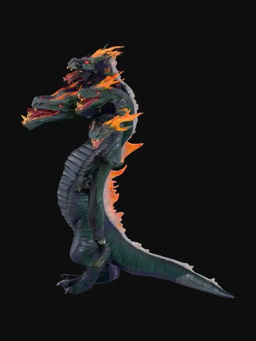 3D model for multi-headed hydra hell beast with massive leathery wings and a long serpentine like tail and overall massive hulking build.