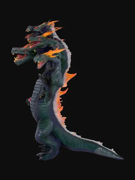 3D model for multi-headed hydra hell beast with massive leathery wings and a long serpentine like tail and overall massive hulking build.