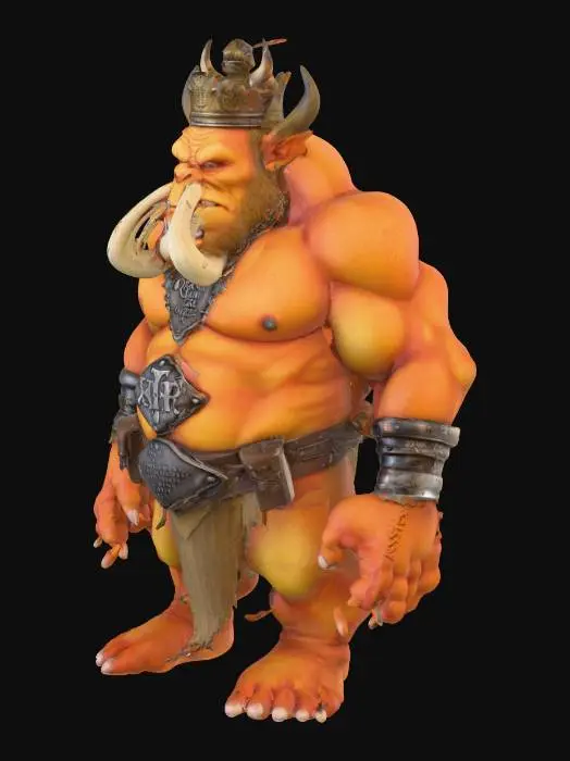3D model for highly detailed orange royal ogre. On his chest a metal plate with  the letters XVR. I