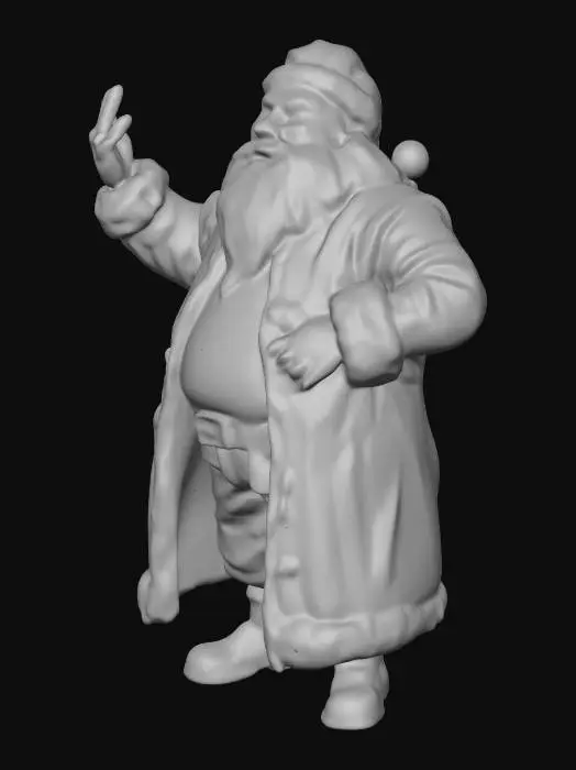 3D model for Create a hyper-realistic traditional Father Christmas. In his left hand he holds a big with gifts, his right hand is waiving.