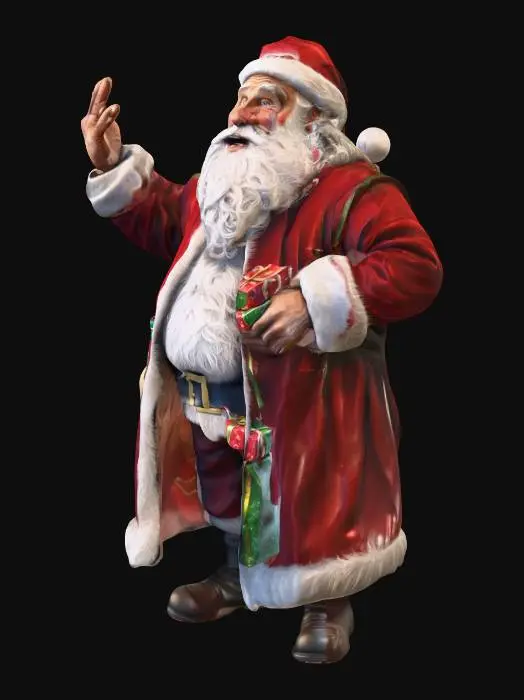 3D model for Create a hyper-realistic traditional Father Christmas. In his left hand he holds a big with gifts, his right hand is waiving.