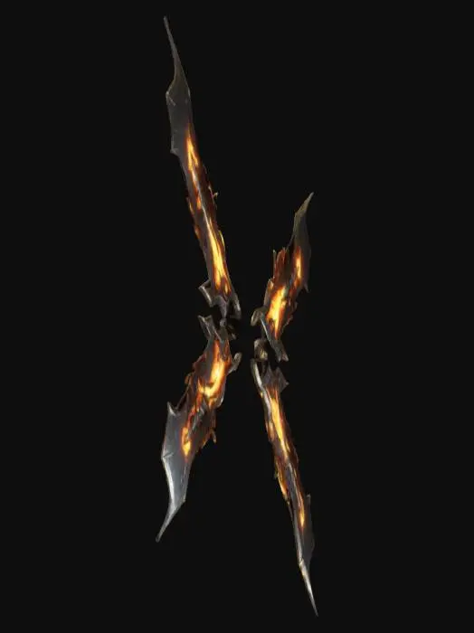 3D model for l'objet est une lance double scintillante et recouverte de flammes, 4K, GameReady