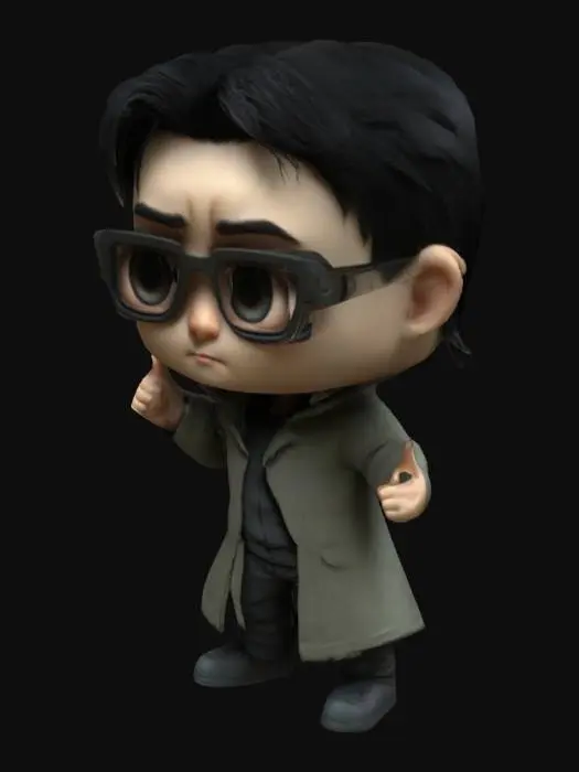 3D model for chibi style, character in t pose. Man from Matrix movie, Ultra realistic. Highly detailed. Highly stylized. Bold, recessed features with a depth of at least 2mm. Maintain sharp, clean lines with no unnecessary fine or jagged edges. Embossed features to rise at least 2mm above the surface. Recess etched details at least 2mm deep.