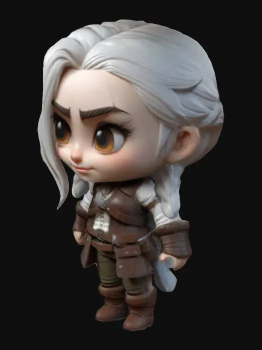 3D model for chibi style, character in t-pose. Ciri from the Witcher 4, Ultra realistic. Highly detailed. Highly stylized. Bold, recessed features with a depth of at least 2mm. Maintain sharp, clean lines with no unnecessary fine or jagged edges. Embossed features to rise at least 2mm above the surface. Recess etched details at least 2mm deep.