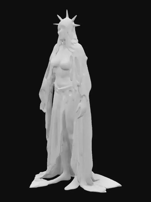 3D model for A figurine of an Ultra-realistic medieval dark fantasy heretic character. A gaunt, emaciated  figure stands front-facing in layered tattered gothic robes with frayed edges, intricate symbols, and chains. A spiked helmet exudes torment and penitence, covered with ritual scars, undead necromancer, highest detail well lit, natural colors with a faint hint of vibrance, distressed textures