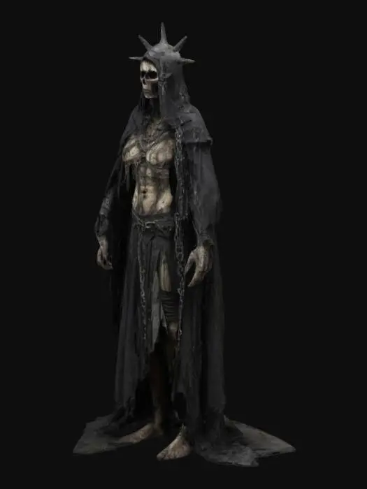 3D model for A figurine of an Ultra-realistic medieval dark fantasy heretic character. A gaunt, emaciated  figure stands front-facing in layered tattered gothic robes with frayed edges, intricate symbols, and chains. A spiked helmet exudes torment and penitence, covered with ritual scars, undead necromancer, highest detail well lit, natural colors with a faint hint of vibrance, distressed textures