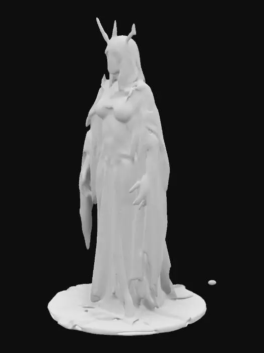 3D model for A figurine of an Ultra-realistic medieval dark fantasy heretic character. A gaunt, emaciated  figure stands front-facing in layered tattered gothic robes with frayed edges, intricate symbols, and chains. A spiked helmet exudes torment and penitence, covered with ritual scars, undead necromancer, highest detail well lit, natural colors with a faint hint of vibrance, distressed textures