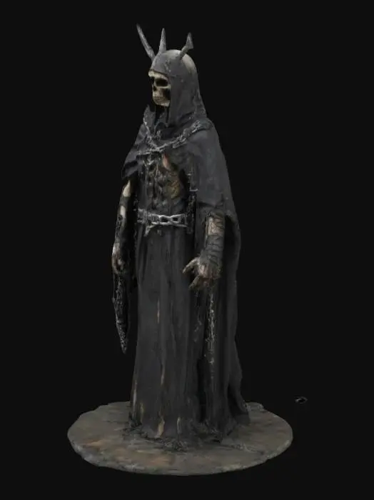3D model for A figurine of an Ultra-realistic medieval dark fantasy heretic character. A gaunt, emaciated  figure stands front-facing in layered tattered gothic robes with frayed edges, intricate symbols, and chains. A spiked helmet exudes torment and penitence, covered with ritual scars, undead necromancer, highest detail well lit, natural colors with a faint hint of vibrance, distressed textures
