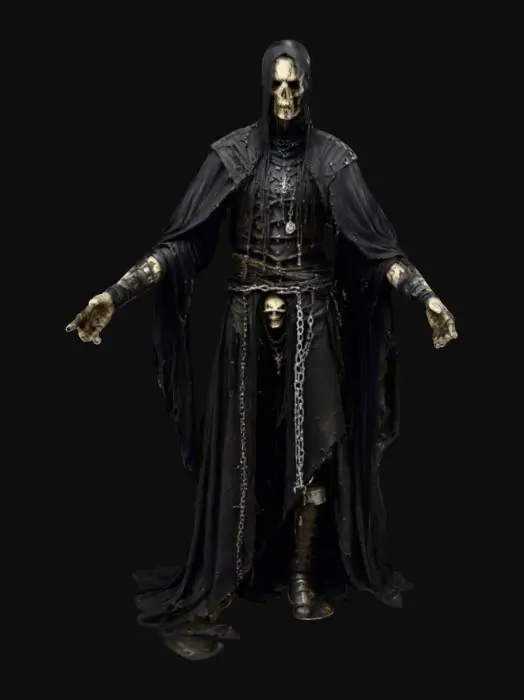 3D model for A figurine of an Ultra-realistic medieval dark fantasy heretic character. A gaunt, emaciated  figure stands front-facing in layered tattered gothic robes with frayed edges, intricate symbols, and chains. A spiked helmet exudes torment and penitence, covered with ritual scars, undead necromancer, highest detail well lit, natural colors with a faint hint of vibrance, distressed textures