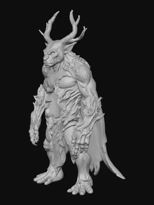 3D model for Create a fantasy Minecraft-style mob called an Aethershard Guardian. It appears when players mine magical Aethershard crystals. Design a creature made of cracked stone plates with glowing blue fissures of arcane energy. A bright Aethershard crystal is embedded in its chest. Add subtle Wyrdroot influences like bark textures, roots, or branch-like horns. Its eyes glow cyan or violet if corrupted by the Umbral Veil. Include drifting blue particles, a mystical forest or cave atmosphere, and a slightly dark, ancient, arcane style.