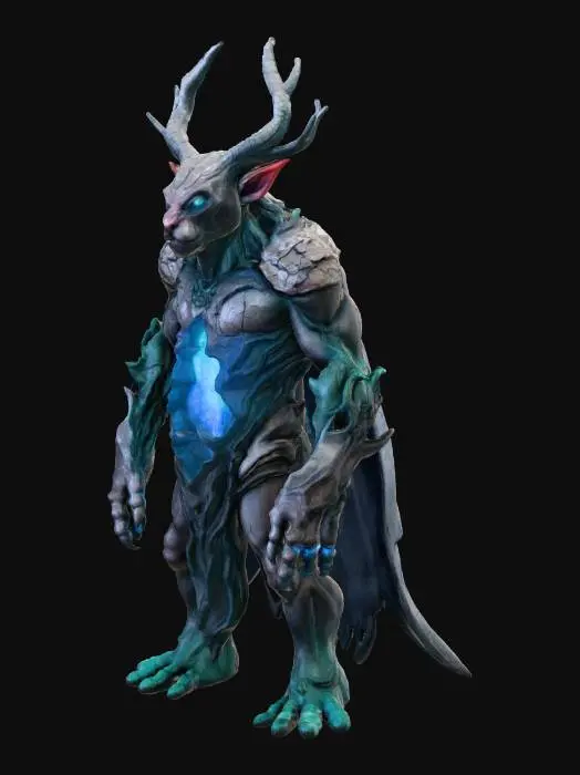 3D model for Create a fantasy Minecraft-style mob called an Aethershard Guardian. It appears when players mine magical Aethershard crystals. Design a creature made of cracked stone plates with glowing blue fissures of arcane energy. A bright Aethershard crystal is embedded in its chest. Add subtle Wyrdroot influences like bark textures, roots, or branch-like horns. Its eyes glow cyan or violet if corrupted by the Umbral Veil. Include drifting blue particles, a mystical forest or cave atmosphere, and a slightly dark, ancient, arcane style.