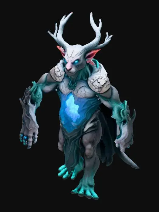 3D model for Create a fantasy Minecraft-style mob called an Aethershard Guardian. It appears when players mine magical Aethershard crystals. Design a creature made of cracked stone plates with glowing blue fissures of arcane energy. A bright Aethershard crystal is embedded in its chest. Add subtle Wyrdroot influences like bark textures, roots, or branch-like horns. Its eyes glow cyan or violet if corrupted by the Umbral Veil. Include drifting blue particles, a mystical forest or cave atmosphere, and a slightly dark, ancient, arcane style.