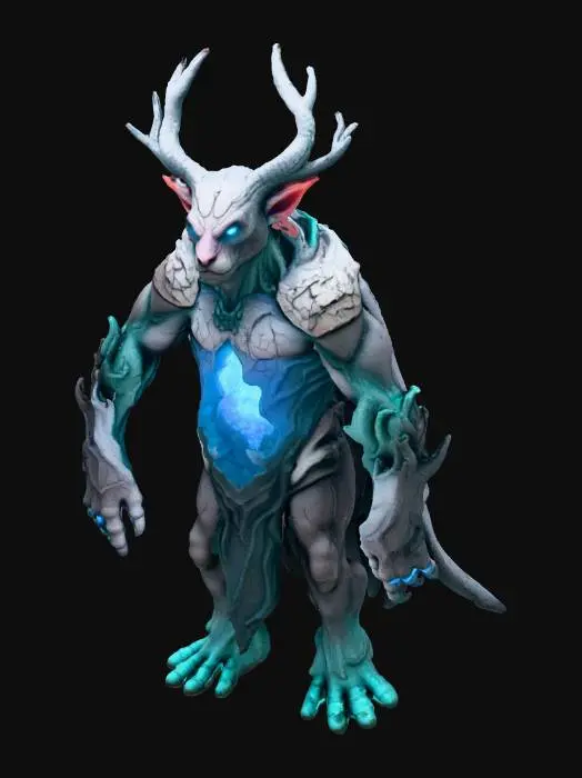 3D model for Create a fantasy Minecraft-style mob called an Aethershard Guardian. It appears when players mine magical Aethershard crystals. Design a creature made of cracked stone plates with glowing blue fissures of arcane energy. A bright Aethershard crystal is embedded in its chest. Add subtle Wyrdroot influences like bark textures, roots, or branch-like horns. Its eyes glow cyan or violet if corrupted by the Umbral Veil. Include drifting blue particles, a mystical forest or cave atmosphere, and a slightly dark, ancient, arcane style.