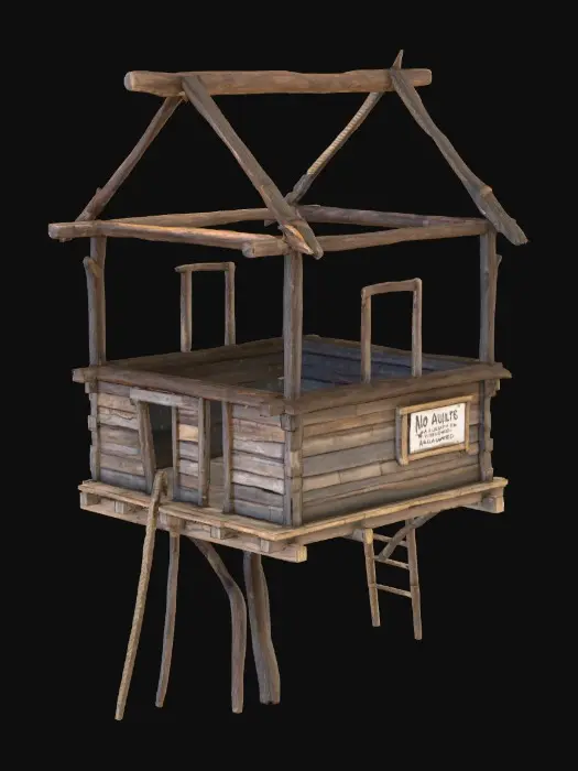 3D model for a dilapidated wooden treehouse in a large, old oak tree, rope ladder is frayed and broken, a "No Adults Allowed" sign hangs crookedly from a single nail.
8k, PBR textures.