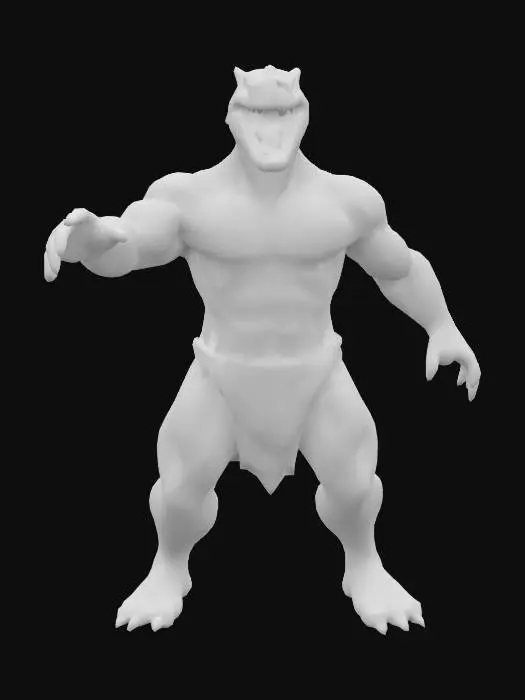 3D model for 
powerful humanoid reptilian character — muscular, athletic body with visible abs and chest muscles. His skin is green with realistic reptile scales, glowing serpent eyes, sharp fangs, and a bald, human-shaped head — intelligent and menacing, not beastly. The mouth is slightly open, just enough to reveal the fangs. He wears a white cloth wrapper tied around his waist like an ancient god or warrior, similar to Zeus. The character is standing in a perfect T-pose, arms stretched sideways, legs straight. The mesh should be rigging-ready, with topology suitable for facial rigging