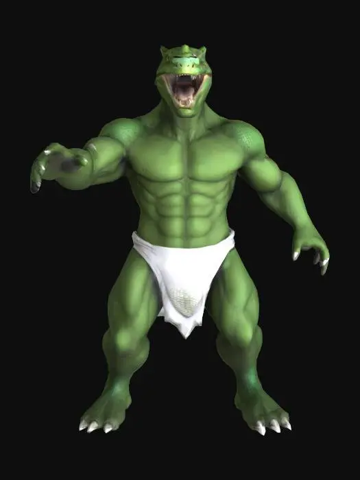 3D model for 
powerful humanoid reptilian character — muscular, athletic body with visible abs and chest muscles. His skin is green with realistic reptile scales, glowing serpent eyes, sharp fangs, and a bald, human-shaped head — intelligent and menacing, not beastly. The mouth is slightly open, just enough to reveal the fangs. He wears a white cloth wrapper tied around his waist like an ancient god or warrior, similar to Zeus. The character is standing in a perfect T-pose, arms stretched sideways, legs straight. The mesh should be rigging-ready, with topology suitable for facial rigging