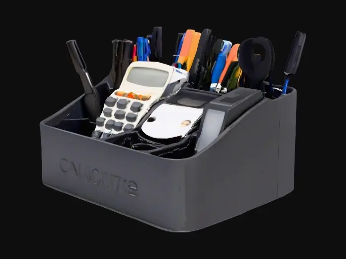 3D model for A sturdy, rectangular desk organizer crafted from matte, dark grey plastic, featuring several integrated compartments. The main section is a deep, wide slot designed for marker pens and a calculator, while an adjacent, shallower cubby perfectly cradles a stapler. Smaller indentations accommodate various desk items. The front face is smooth and subtly curved, bearing the embossed, sans-serif text "OXWORKS" in a contrasting, glossy black finish, adding a tactile detail. Its overall form is practical and modern.
