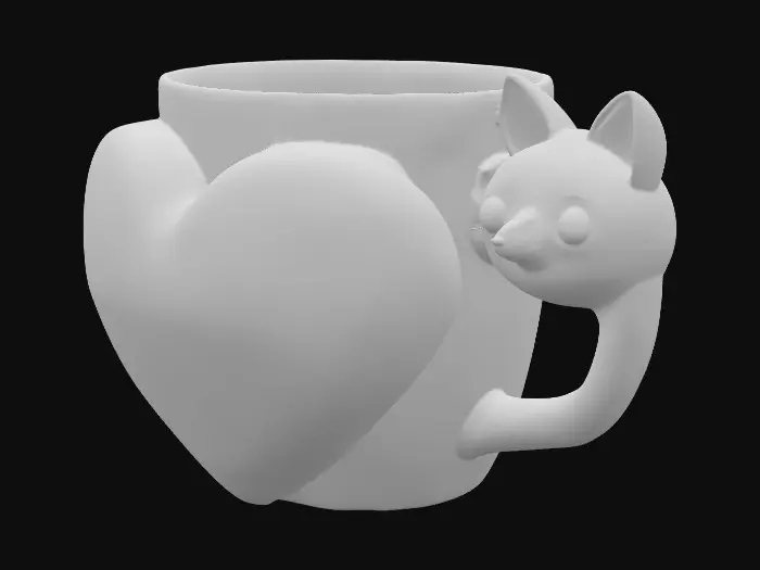 3D model for Give me a coffee mug with a giant protruding heart on the side And a cat head as the handle on the mug