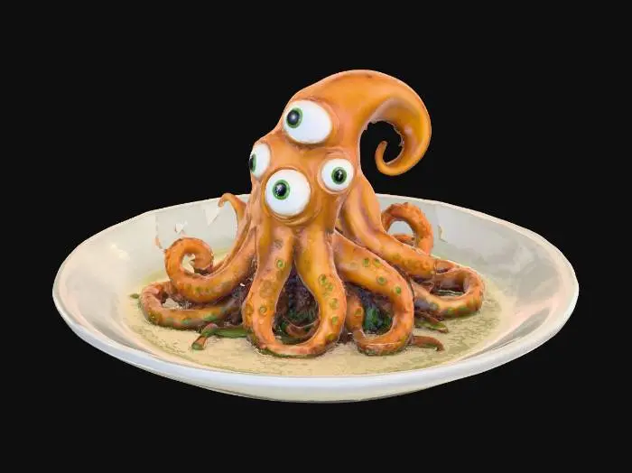3D model for Spicy Kraken Delight on a fancy plate in a green soup ready for a kings meal #food#