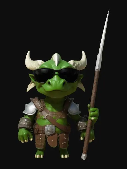 3D model for A confidantly stupid blind green dragonborn barbarian wearing sunglasses, white eyes. minimalist. cartoon.
