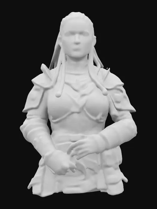 3D model for a black female death knight with long hair in braids, illuminated blue glowing eyes, nose piercing, face scars, wearing heavy plate armor, world of warcraft, by Akihiko Yoshida in the style of Final Fantasy Tactics, winter wonderland