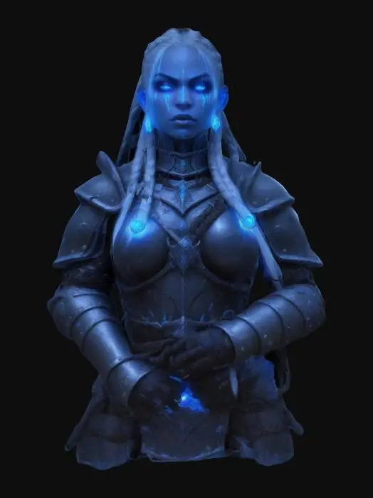 3D model for a black female death knight with long hair in braids, illuminated blue glowing eyes, nose piercing, face scars, wearing heavy plate armor, world of warcraft, by Akihiko Yoshida in the style of Final Fantasy Tactics, winter wonderland