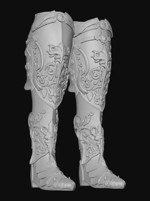3D model for A pair of ornate fantasy armor greaves (shin and knee guards). Materials: Polished steel plates with intricate filigree gold trim along the edges. Key Feature: The knee cop piece features a prominent, three-dimensional, embossed golden lion head roaring furiously. The lion face is perfectly symmetrical and sculpted, not flat. Style: Medieval fantasy, highly detailed, weathered metal texture.