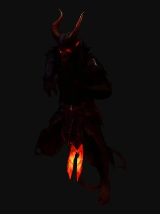 3D model for un personnage de type dark souls mais un démon sans épée presque les yexu rouge flamboyant et les dents pointue