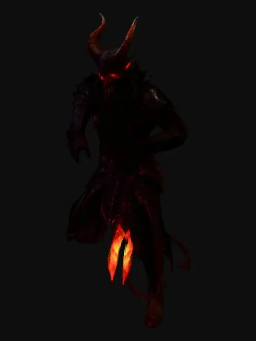 3D model for un personnage de type dark souls mais un démon sans épée presque les yexu rouge flamboyant et les dents pointue