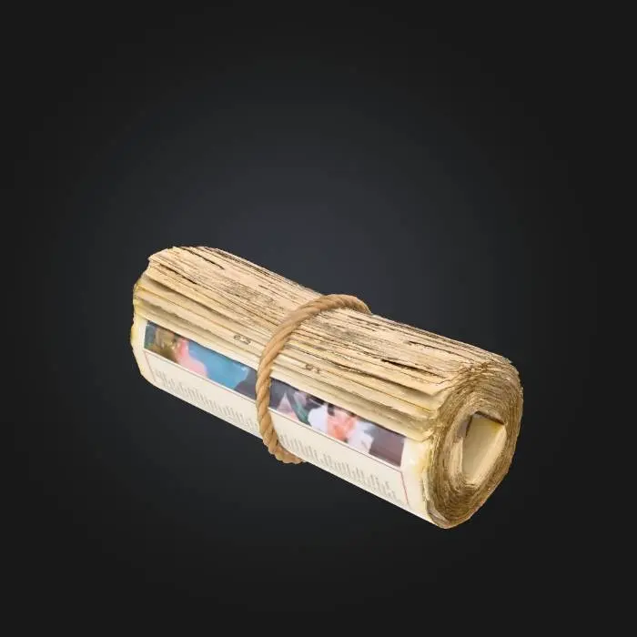 3D model for high-resolution studio photo of a small bundle of rolled newspapers, several newspapers tightly rolled and tied together with simple brown string, edges of the paper slightly frayed and yellowed from age. neutral soft gray background, soft diffused lighting, gentle shadows, no visible logos or readable text, no extra props, centered composition, realistic texture detail on paper and twine.