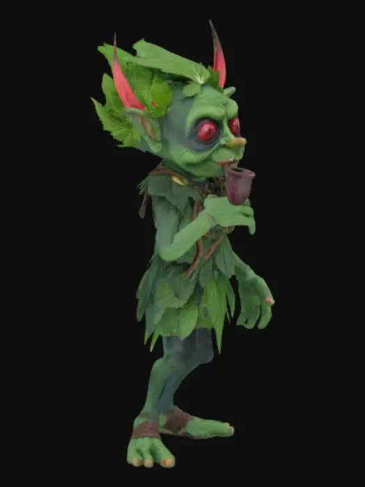 3D model for weed goblin. A dark green goblin with cannabis shaped leaves for clothing. red eyes. smoking pipe in mouth and a blunt in hand. leafy headdress