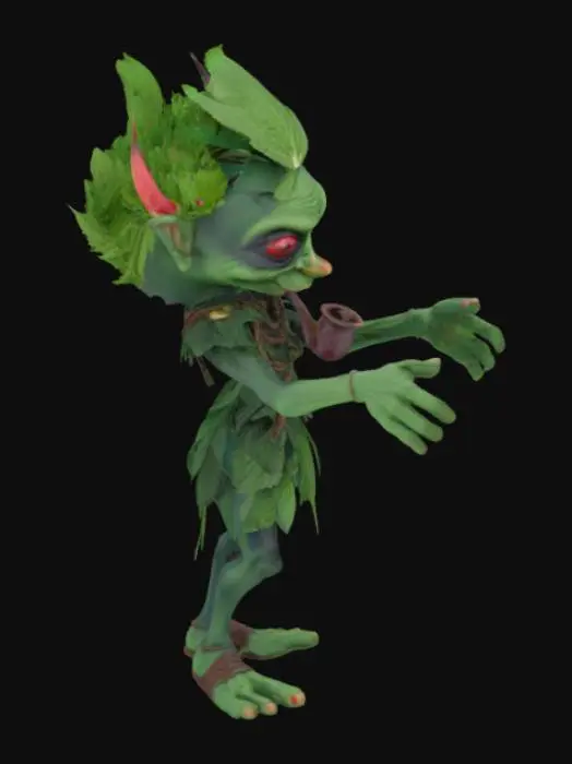 3D model for weed goblin. A dark green goblin with cannabis shaped leaves for clothing. red eyes. smoking pipe in mouth and a blunt in hand. leafy headdress