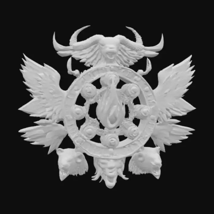 3D model for A wheel inside a wheel inside a wheel. Gyroscopic wheel formation. The wheels covered in eyes. A flame in the center. Seven feathered wings surrounding the wheels. Seven horns on the wheels. Head of a Lion Head of an ox Head of an eagle Head of a human. , #emblem#