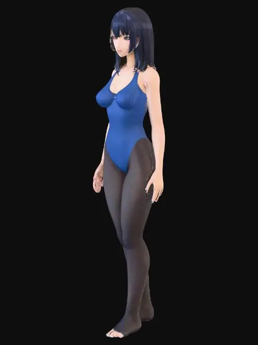3D model for 着衣：競泳水着と黒いパンスト
年齢：45歳
性別：女性　　
体系：バスト80
体系：ウエスト59
体系：ヒップ83

髪型：黒髪　セミロング
ポーズ：立ちポーズ
パンスト：黒色
靴：なし
指先：指は開かない_指を伸ばす
顔の表情:日本アニメ