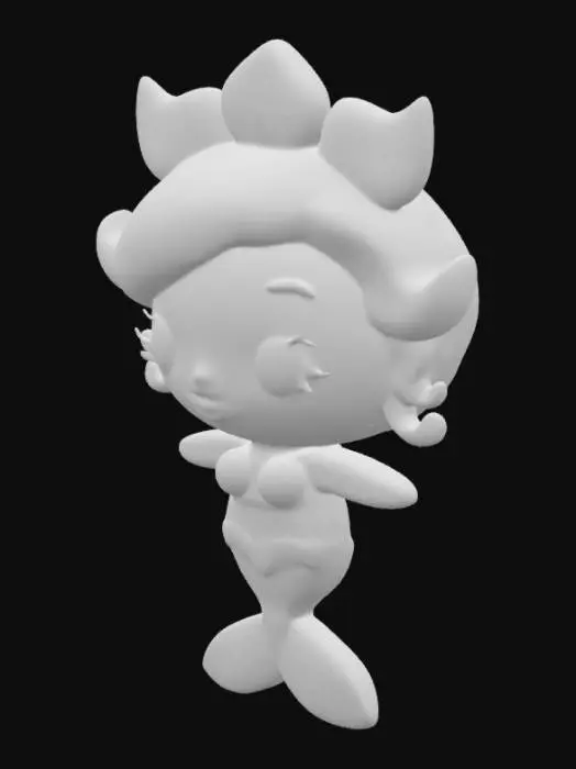 3D model for Beautiful mermaid plushy, soft brown skin, curvy body. Innocent expression. Chibi art style. Well-proportioned. Clearly defined features. Highly detailed. Highly stylized. Walls and features are at least 2mm thick. Bold, recessed features with a depth of at least 2mm. Sharp, clean lines. Embossed features to rise at least 2mm above the surface. DND. Translucent waves, red and gold skin, scales, pointy ears
