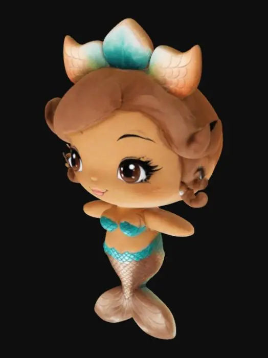 3D model for Beautiful mermaid plushy, soft brown skin, curvy body. Innocent expression. Chibi art style. Well-proportioned. Clearly defined features. Highly detailed. Highly stylized. Walls and features are at least 2mm thick. Bold, recessed features with a depth of at least 2mm. Sharp, clean lines. Embossed features to rise at least 2mm above the surface. DND. Translucent waves, red and gold skin, scales, pointy ears