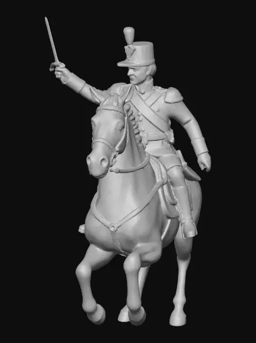 3D model for An English mounted officer with a raised sword in his right hand and with his left hand holding the reins of his horse at the Battle of Waterloo in 1815. The horse has its front legs raised very high and is resting on its hind legs.