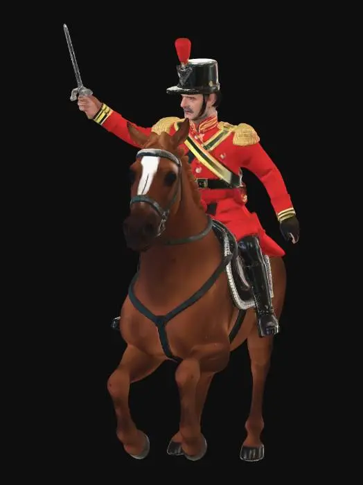 3D model for An English mounted officer with a raised sword in his right hand and with his left hand holding the reins of his horse at the Battle of Waterloo in 1815. The horse has its front legs raised very high and is resting on its hind legs.