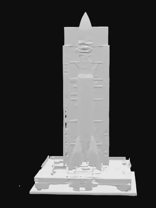 3D model for SpaceX Falcon 9 rocket, hdr lighting. Rocket construction in ultra-realistic textures. A metal launch platform, on a sandy flat area, with well-proportioned natural elements such as stones, etc. A glass SpaceX research building, set from the glass side towards the rocket, the rest is white, made of large white concrete slabs with Sci-fi-style shapes. Very detailed UV map, textures in 4k. Up to one million triangles, Ultra Realistic, Highly Detailed