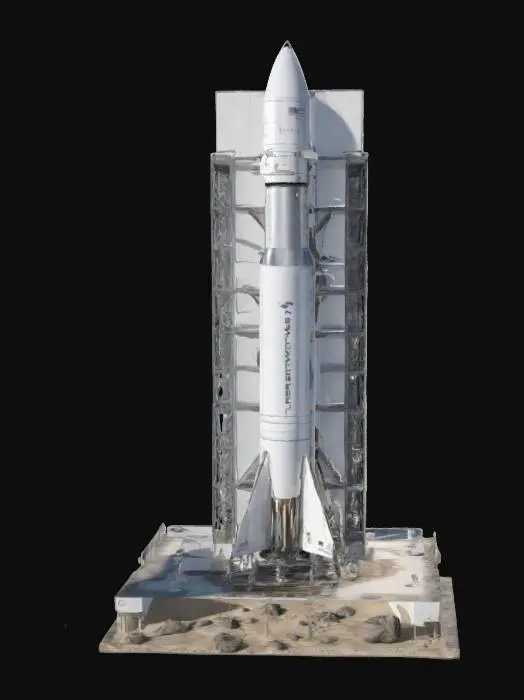 3D model for SpaceX Falcon 9 rocket, hdr lighting. Rocket construction in ultra-realistic textures. A metal launch platform, on a sandy flat area, with well-proportioned natural elements such as stones, etc. A glass SpaceX research building, set from the glass side towards the rocket, the rest is white, made of large white concrete slabs with Sci-fi-style shapes. Very detailed UV map, textures in 4k. Up to one million triangles, Ultra Realistic, Highly Detailed