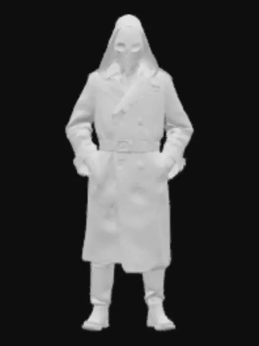 3D model for Create an ultra-realistic 3d model and textur for a character clad in a premium black leather trench coat and plague doctor mask. The coat is made from supple full-grain ebony leather with a subtle matte finish, natural grain, and slight distressing. Soft light catches gentle highlights along tailored seams, shoulder epaulets, and sweeping lapels. A broad belt cinches the waist with an antiqued gunmetal buckle and rivets, reinforced by charcoal cross-stitch. The long, form-fitting silhouette flares below the knee, with precise topstitch framing deep pockets. The mask echoes the coat’s tone, featuring aged metal rivets and round lenses, unifying the ensemble into a haunting cinematic presence.
