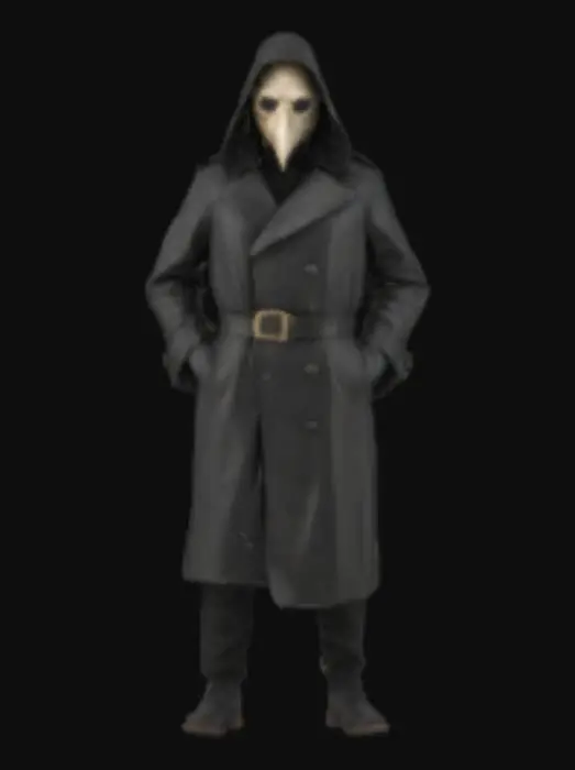 3D model for Create an ultra-realistic 3d model and textur for a character clad in a premium black leather trench coat and plague doctor mask. The coat is made from supple full-grain ebony leather with a subtle matte finish, natural grain, and slight distressing. Soft light catches gentle highlights along tailored seams, shoulder epaulets, and sweeping lapels. A broad belt cinches the waist with an antiqued gunmetal buckle and rivets, reinforced by charcoal cross-stitch. The long, form-fitting silhouette flares below the knee, with precise topstitch framing deep pockets. The mask echoes the coat’s tone, featuring aged metal rivets and round lenses, unifying the ensemble into a haunting cinematic presence.
