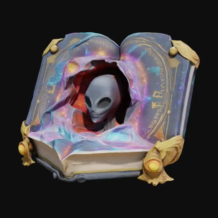 3D model for A highly detailed 3D model of a cosmic crystal book with intricate, glowing cosmic ornaments. At its center, a black hole-like vortex spans both open pages, from which an alien head emerges, formed of swirling emissive cosmic gel. Arcane runes pulse on the cover, enhancing the stylized, otherworldly elegance. Rendered in 4K ultra-realistic quality, with refined textures, dynamic lighting, and a mesmerizing interplay of glow and shadow.