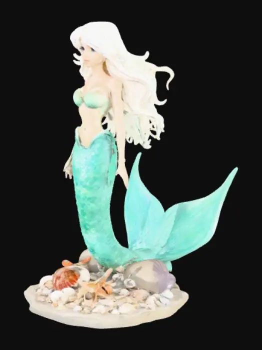3D model for quiero una sirena preciosa y muy realista en una base de conchas caracolas y estrellas marinas.