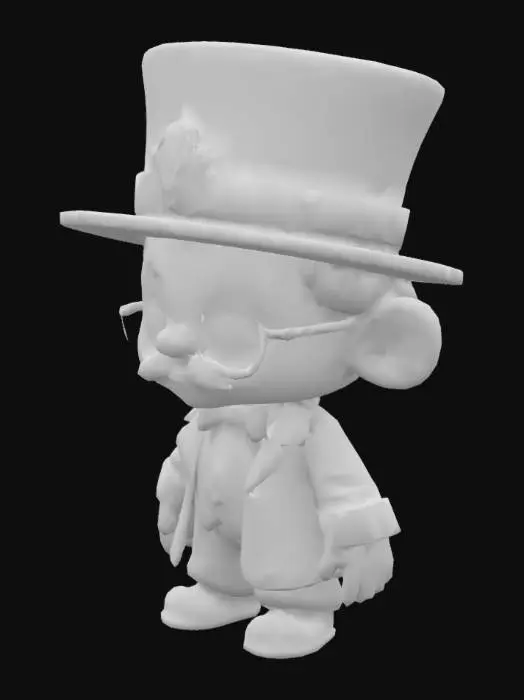 3D model for A distinguished Chibi style Munchkin character with a short, stocky build, oversized head, and expressive features. He wears a formal, blue-and-gold suit with ornate lapels, puffed sleeves, and polished shoes, evoking a regal yet whimsical presence. His round spectacles sit atop a button nose, and his expression is confident yet friendly, with a neatly curled moustache and wide, welcoming eyes. A top hat adorned with a decorative emblem made of the letters Oz completes his look, reinforcing his status. The textures resemble fine fabric with subtle gloss and intricate embroidery. Designed for easy animation, the model balances charm with authority.